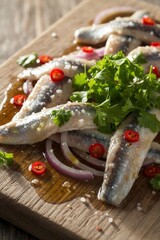 Marinated sardine fillets with chili, onion and parsley on wood