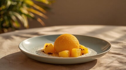 Mango sorbet with pineapple cubes and powdered sugar in sunlight