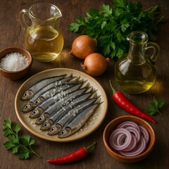 Fresh sardines with onion, salt, chili, vinegar, oil, and parsley on rustic table