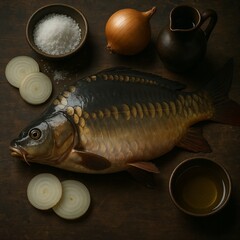 Whole raw carp with onion, salt, vinegar, and oil on dark background