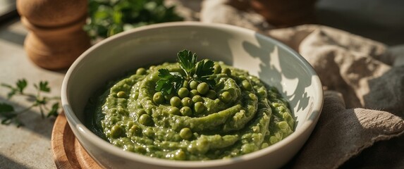 Mashed peas garnished with whole peas and parsley