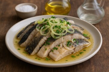 Marinated mackerel fillets with onions and herbs in oil and vinegar dressing
