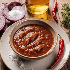 Spicy chili sauce with red peppers and anchovies in a rustic bowl