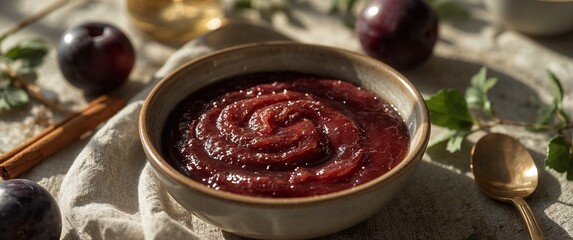 Bowl of homemade plum jam with whole plums and cinnamon