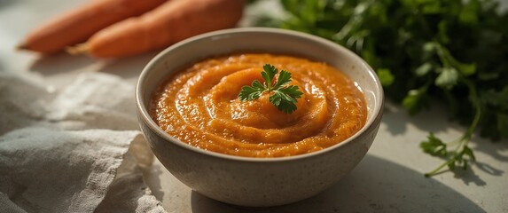 Carrot pur&eacute;e with parsley garnish in warm natural light