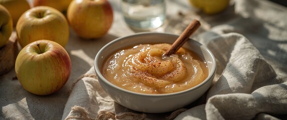 Bowl of homemade applesauce with cinnamon and fresh apples