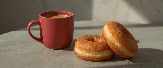 Coffee in red mug with plain donuts in warm morning light