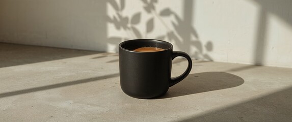 Black ceramic coffee mug on sunlit concrete surface with shadows