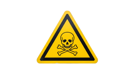 Yellow triangular warning sign, with skull and crossbones symbol, cutout, PNG isolated on transparent background