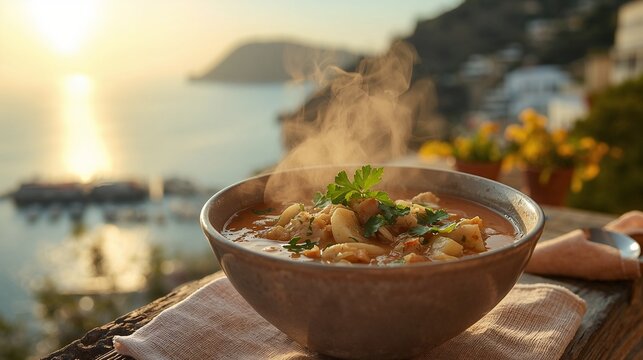 Steaming seafood soup in rustic bowl at sunset by the sea