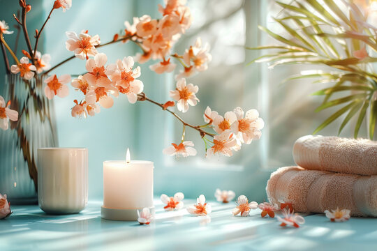 Spa composition with blooming cherry blossoms, candle and soft towels on a textured green background