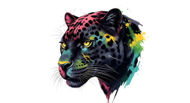 Colorful Abstract Jaguar Head, with Vibrant Splashes, cutout, PNG isolated on transparent background - Powered by Adobe