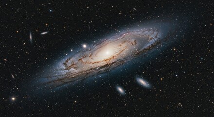 Swirling galaxy with dust lanes and bright core, surrounded by stars and dwarf galaxies