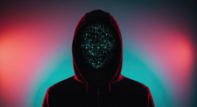 Figure in hooded sweatshirt, face obscured by glowing digital code pattern
