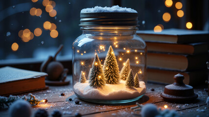 Charming glass jar with illuminated mini Christmas trees in artificial snow and fairy lights against a cozy winter background for festive holiday decoration