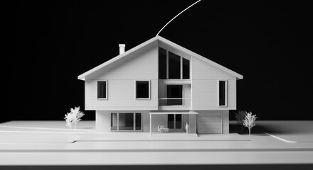Minimalist white architectural model of a modern house against black