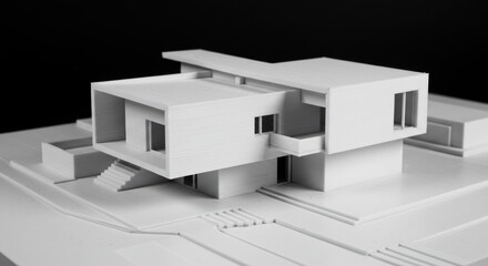 A modern white architectural model of a house with clean lines and varied levels
