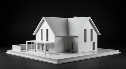 A minimalist white architectural model of a modern house on a dark background
