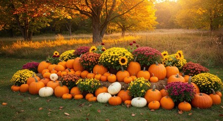 Autumn bounty arranged in a sunny outdoor setting with pumpkins and mums