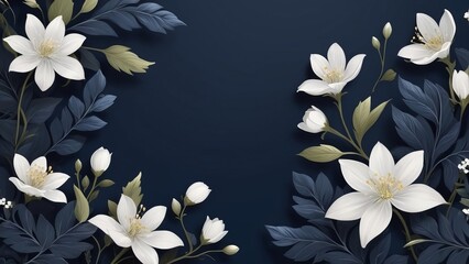 Paper floral frame with white blossoms on navy background