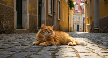 Fluffy orange cat rests on cobblestone street, historic buildings in background
