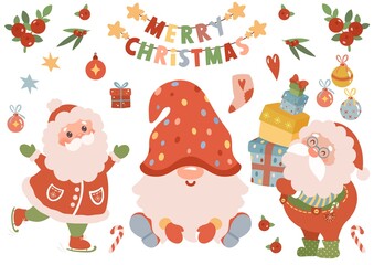 Christmas set. Cute Christmas Santa and Gnome Clipart Set. Kawaii Holiday Characters. Festive Winter Illustration Bundle. Merry Christmas!
