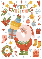 Christmas Clipart. Cute Christmas Santa Illustration with Gifts – Kawaii Holiday Character Clipart. Merry Christmas! 


