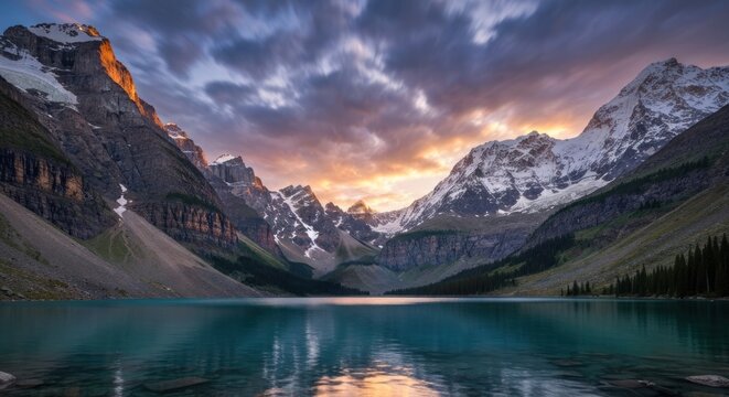 Majestic mountain range at sunrise reflecting in a serene lake