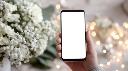 柔らかな手元とスマートフォン、花と光に囲まれた優しい世界｜静けさ｜暖かい室内｜自然光｜背景ぼかし｜スマホ画面差し替え可能｜日常の一瞬