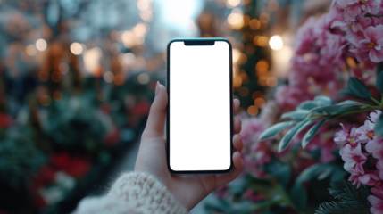 柔らかな手元とスマートフォン、花と光に囲まれた優しい世界｜静けさ｜暖かい室内｜自然光｜背景ぼかし｜スマホ画面差し替え可能｜日常の一瞬