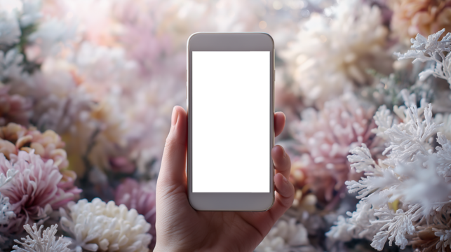 スマホを持つ女性の手と幻想的な光の背景｜冬のイメージ｜ぬくもり｜落ち着いた雰囲気｜ナチュラルライフ｜生活感｜モックアップ素材に最適な一枚