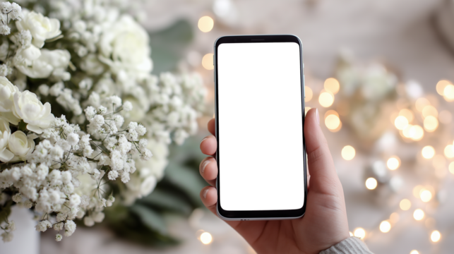 柔らかな手元とスマートフォン、花と光に囲まれた優しい世界｜静けさ｜暖かい室内｜自然光｜背景ぼかし｜スマホ画面差し替え可能｜日常の一瞬