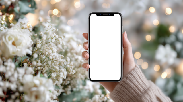 手にしたスマートフォンと光に包まれた背景の柔らかな情景｜冬の室内｜女性の手元｜ボケ感｜キラキラ背景｜スマホモックアップ｜癒しの雰囲気写真素材