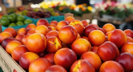 Vibrant pile of fresh nectarines at a sunny outdoor market