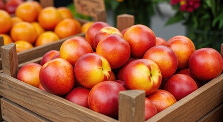 Ripe nectarines and oranges overflow a rustic wooden crate at a market