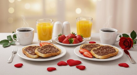 Romantic breakfast for two with coffee, juice, toast, strawberries, and a rose