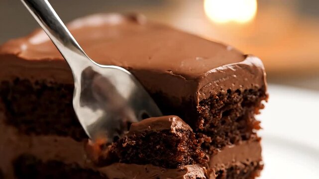 4k indulgent chocolate cake slice being scooped with a fork, close-up view, conveying deliciousness.