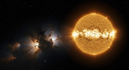 Luminous star erupting with plasma flares, illuminating distant nebulae in vast darkness