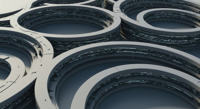 Abstract futuristic geometric circular structures with layered metallic details - Powered by Adobe