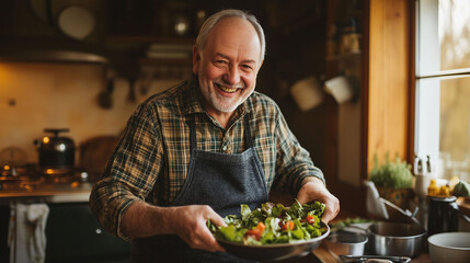 A man over 60 years old happy in the kitchen with a plate of salad