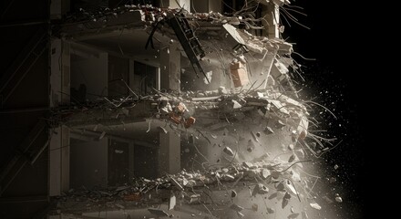 Building collapsing in a shower of debris and dust against a dark background