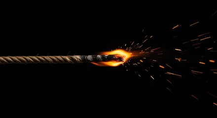 A lit fuse on a rope burns brightly with sparks against a dark background