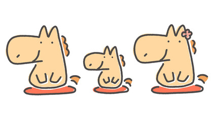 座布団に座り新年の挨拶をするかわいい3頭の馬の家族　正月素材