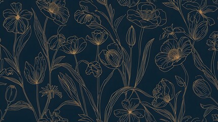 Obraz premium Elegant hand-drawn floral pattern on a deep dark background featuring delicate botanical line art, refined tulip and wildflower outlines, and a luxurious seamless design ideal for modern decorative ba