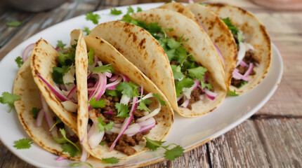 Close-up shot of delicious tacos with various fillings, served on a white plate.
