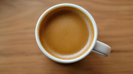 Close-up shot of a cup of espresso with a creamy, rich crema on a wooden surface.