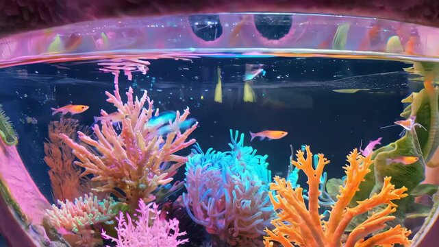 Fantasy aquarium within a textured shell, colorful coral, and fish