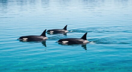 Fototapeta premium Three orcas swim in clear, turquoise water, fins visible