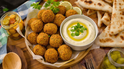 Close-up shot of a plate of falafel balls with hummus, pita bread, and pickles.