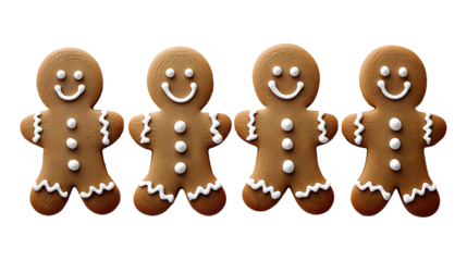 Set of four gingerbread cookies decorated with white icing on transparent background
